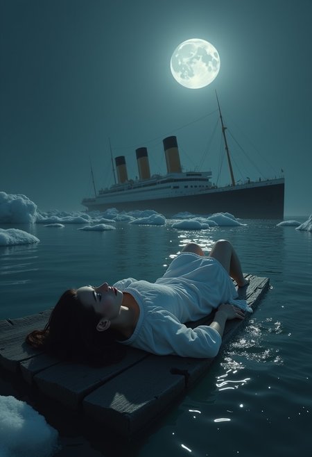 masterpiece, 8k, HDR, best quality, (highly detailed skin), photography, analog style, real life, extremely beautiful, (highly detailed, intricately detailed), (alluring eyes), (3d), (2characters), (1woman and 1man), (1woman), (lying on her back on a piece of wood floating in the water), (white dress), (1man), (floating in water), (white shirt), holding hands, love, anguish, despair, darkness, ice, cold, dark night, chunks of ice in the water, titanic ship (sinking in the distance), in the ocean, full moon