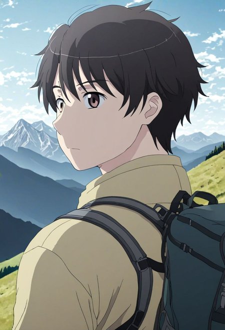 high resolution, solo, best quality, 1Boy, Inaho Kaizuka, Black Hair, Brown Eyes, landscape, upper body, look at the view behind, upper body, high mountain, hiking gear, , OverallDetail