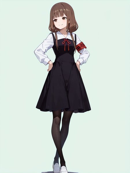 perfect quality,high quality,masterpiece,best quality,amazing quality,very aesthetic,absurdres,Cinematic Lighting,newest,Tactical use of shadow,
front view,full_shot,smile,
1girl,solo,brown hair,long hair,bangs,blunt bangs,twintails,low twintails,brown eyes,shuuchiin academy school uniform,school uniform,summer uniform,armband,ribbon,neck ribbon,red ribbon,shirt,white shirt,dress,black dress,pantyhose,black pantyhose,white footwear,shoes,IinoMikoCYQL,
full body,standing,hands_on_hips,,
lime background,simple background,
usnr,748cmstyle,<lora:USNR STYLE_XL_loha:0.45>,<lora:spo_sdxl_10ep_4k-data_lora_webui:0.6>,<lora:illustrious_all_rated_v1:0.6>,<lora:748cmSDXL:0.6>,<lora:illustrious_quality_modifiers_masterpieces_v1:0.8>,<lora:lora.by_tusi:1>,