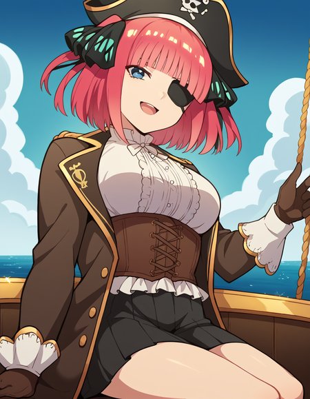 score_9, score_8_up, score_7_up, source_anime, <lora:nnakano-s2-ponyxl-lora-nochekaiser:1>, short hair, bangs, blue eyes, hair ornament, hair ribbon, pink hair, blunt bangs, two side up, butterfly hair ornament, large breasts,, <lora:pirate-costume-ponyxl-lora-nochekaiser:1>, pirate costume, pirate hat, skirt, gloves, jacket, shirt, eyepatch,, blue sky, sea, ocean, pirate ship, treasure, gold, smug, open mouth, from below, sitting,, cowboy shot