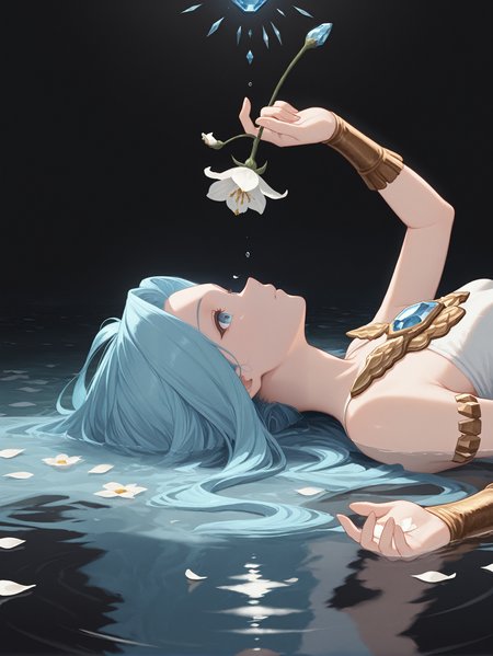 masterpiece, best quality, amazing quality, very aesthetic, absurdres, newest,
<lora:ILGFLyria:1.0>
GFLyria, 1girl, blue hair, blue eyes, long hair, jewel, lying on back, black background, water, floating, flower petals, hand up, holding flower, abstract background