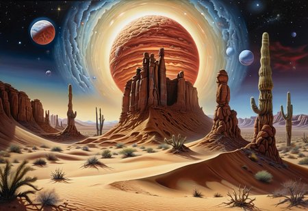 masterpiece, top quality, best quality, highly detailed, realistic photo,
A painting exploring the aridness of the desert and the mystery of cosmic wonders. 
Using airbrushing for art, often for smooth gradients, 
<lora:RMSDXL_Enhance:0.8>
<lora:Surreal Harmony:1>
<lora:Unsettling_2.0-000002:1>