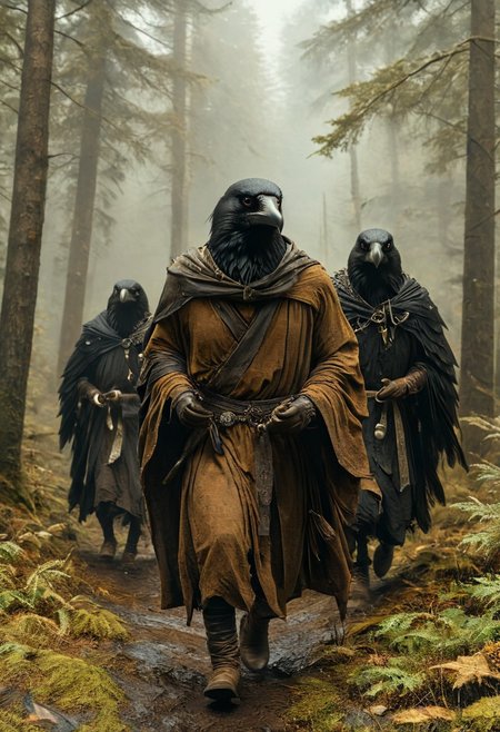 (masterpiece,best quality,ultra_detailed,highres,absurdres:1.2), DnD_Grainyboyz, 
BREAK
highly detailed photo of black corvidfolk running through forest, wearing brown robe, moody forest,