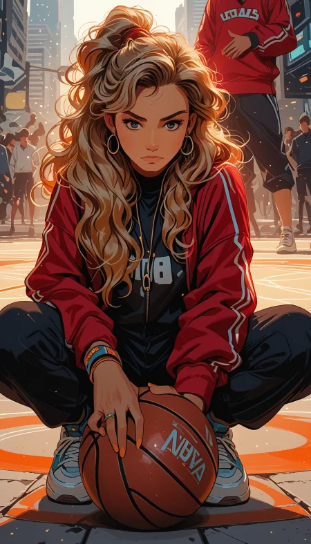 masterpiece, Shinkaistyle,
pinkretroanime, retro art,
Cyberpunk Style, cyberpunk, science fiction, hi tech, future tech, neon, (Cybernetics:1.25), (Neon Cityscape:1.4), (lineless:1.5), smooth edges, (lighten the face:1.5), tall body, slender body, fit body, long legs, In this digital artwork, a young woman with blonde hair and striking blue eyes commands attention in the foreground. She's seated cross-legged on a basketball court, her arms casually resting on her knees. Her gaze is directed straight at the viewer, creating an intimate connection. She's dressed in a vibrant red tracksuit, the brand "BASKETBALL" emblazoned across her chest and "LAUGH" on the back of her head. The word "LAUGH" seems to echo her carefree spirit. A pair of blue sneakers add to her sporty ensemble. A basketball rests in front of her, its orange hue contrasting with the cool tones of her outfit and the court beneath her. Her body language is relaxed, suggesting she's taken a break from the game. The background features the silhouette of other players, their forms blurred, indicating they are some distance away on the court. The focus is solely on the young woman, drawing attention to her character and the basketball theme of the piece. The lighting is soft and diffused, creating a warm and inviting atmosphere., 1girl, solo, long hair, looking at viewer, bangs, blue eyes, multiple girls, blonde hair, shirt, long sleeves, holding, jewelry, closed mouth, standing, jacket, full body, ponytail, earrings, outdoors, multiple boys, shoes, solo focus, day, pants, dark skin, spread legs, hood, necklace, nail polish, bracelet, sweater, open jacket, dark-skinned female, lips, fingernails, v-shaped eyebrows, grey eyes, black shirt, eyelashes, hoodie, makeup, shadow, wavy hair, expressionless, black pants, piercing, sunlight, squatting, white footwear, ring, thick eyebrows, hood down, 3boys, high ponytail, sneakers, black nails, hair over shoulder, clothes writing, light particles, red jacket, forehead, ball, zipper, backlighting, long fingernails, curly hair, track jacket, serious, hoop earrings, sportswear, nose, drawstring, earphones, multiple others, track suit, holding ball, crowd, track pants, basketball, orange nails, white nails, jersey, people, nike, sweatpants, gym, grey nails, basketball uniform, adidas