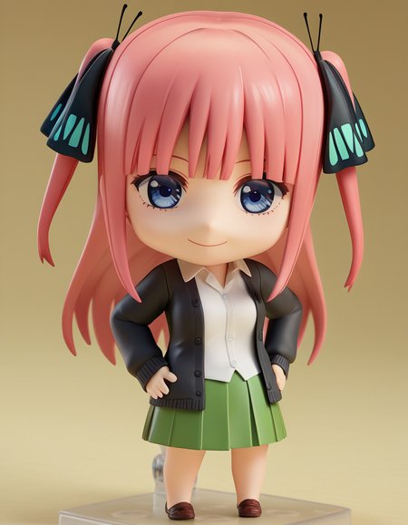 score_9, score_8_up, score_7_up, source_anime,
ninonakano, <lora:nino-nakano-s2-ponyxl-lora-nochekaiser:0.5>, 
nino nakano, long hair, bangs, blue eyes, hair ornament, hair ribbon, pink hair, blunt bangs, two side up, butterfly hair ornament, mature female,
skirt, shirt, long sleeves, white shirt, pleated skirt, open clothes, collared shirt, sleeves past wrists, dress shirt, cardigan, green skirt, open cardigan, black cardigan,
<lora:nendoroid-figurines-ponyxl-lora-nochekaiser:1>, nendoroid, 1girl, solo, chibi, 3d, smile, hand on hips,