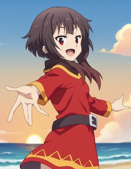 score_9, score_8_up, score_7_up, source_anime, <lora:konosuba-megumin-s2-ponyxl-lora-nochekaiser:1>, megumin, short hair, black hair, red eyes, short hair with long locks, mature female, small breasts, anime screencap, <lora:looking-back-reaching-towards-viewer-ponyxl-lora-nochekaiser:1>, looking back reaching towards viewer, looking at viewer, solo focus, smile, looking back, open mouth, reaching towards viewer,, ocean, beach, outdoors, sky, cowboy shot, sunset, clouds, thighs, solo,