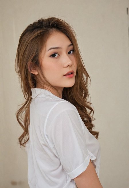 masterpiece, best quality, amazing quality, film grain,(beautiful indonesian woman, ulzzang-6500-v1.1),  (photorealistic:1.4), 1girl,dynamic view, shy, arched back, white shirt, (brown messy long hair:1), border light, depth of field, looking at viewer, standing, looking at viewer