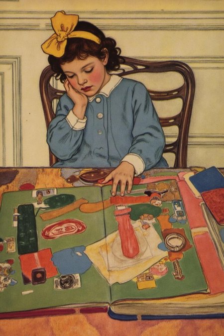 shippengreen1 illustration.
A child with curly dark hair adorned with a large yellow bow, seated at a wooden table. She is looking at a large open book on the table.
 <lora:shippengreen1_cap_d6a3:1.0><lora:837354538072556095:0>