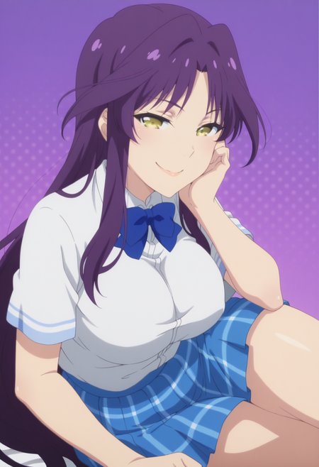 anime screencap, anime coloring,   <lora:DX888Kyou:1> goshouin kyou, yellow eyes, purple hair, very long hair, parted bangs BREAK  school uniform, white shirt, blue bowtie, plaid skirt, blue skirt BREAK simple background, purple background,  halftone background, BREAK 1girl, breasts, cleavage, hand on own cheek, hand on own face, head rest, large breasts, looking at viewer, lying, on side, smile, smug, solo, thick thighs, (from side:1.2), (v:1.2)