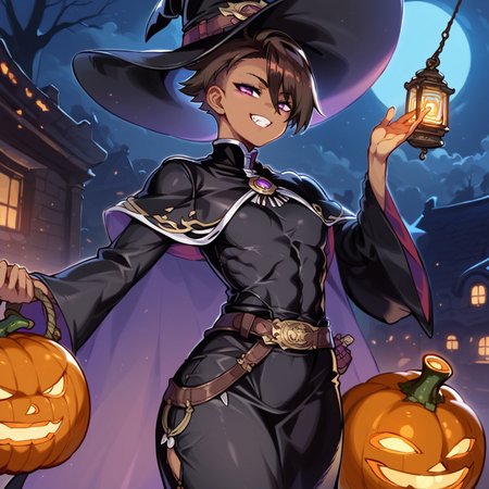 safe_pos, score_9_up, score_8_up, score_7_up, 1girl, solo, dark skin, dark-skinned female, tomboy, female ninja, short hair, spiky short hair, brown hair, undercut, purple eyes, witch hat, long black dress, long skirt, brown belt, Short Cloak

,small breasts, thighs, curvy, voluptuous figure, smug, muscular female, abs, big ass, poses, adult woman, covered body, covered abs, long sleeves, wide sleeves

, detailed, detailed body, detailed face, best quality, masterpiece:1.4, Expressiveh, dark outlines, outdoors, night, tree, Lantern, building, pumpkins, Halloween-themed