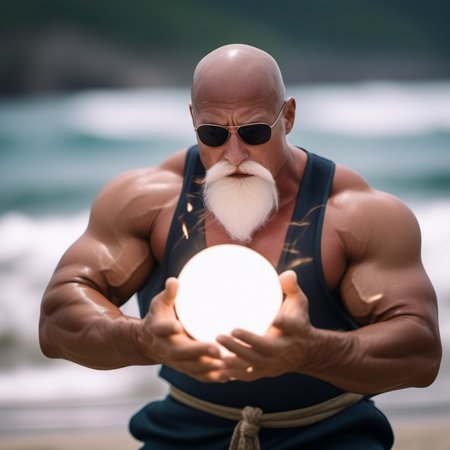 cinematic photo a bald muscular old bodybuildercasting a powerfull spell, dramatic ball lightning from hands, beach, jungle  <lora:MasterRoshi1024-40:0.8> . 35mm photograph, film, bokeh, professional, 4k, highly detailed