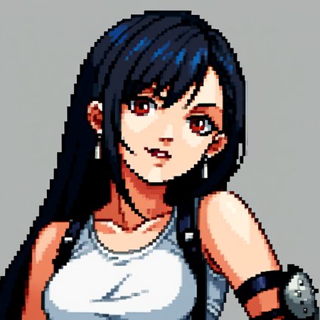 score_9, score_8_up, score_7_up, source_anime, BREAK, solo, 1girl, looking at viewer, <lora:P1-Portraits-pdxl_Fp:1>, portrait, simple background, pixel art, <lora:tifa-pdxl-nvwls-v1:0.8>, defTif, red eyes, black hair, low-tied long hair, earrings, white sports bra, black suspenders, elbow pads,