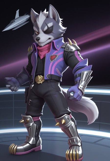 masterpiece,best quality, amazing quality, 1boy, solo, wolfSF, wolf boy, eyepatch, ultimate belt, ultimate black belt, purple jacket, pink scarf, ultimate spiked shoulder armor, ultimate black shirt, ultimate steel boots, ultimate black pants, ultimate gauntlets, 

 
space, space ship,