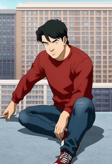 High Quality,  Billy batson,  solo, 1boy, black hair, blue eyes, red tshirt, bluejeans, , posing on the roof of a building,