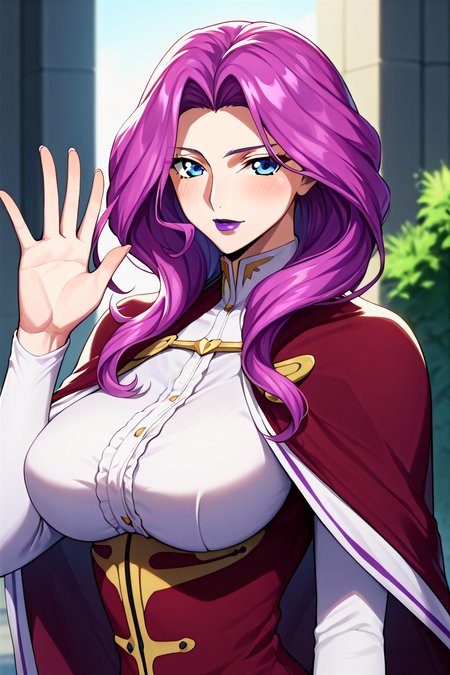 score_9, score_8_up, score_7_up, score_6_up, score_5_up, score_4_up, rating_questionable, , source_anime, digital illustration, pixiv, fanbox, uncensored, , BREAK, official art,
1girl, solo, mature female, cornelia li britannia, purple hair,  blue eyes, large breasts, lipstick, purple lips, 
military uniform, glovers, gold trim, cape, waving, outdoors, upper body, blush, cowboy shot, looking at viewer,  <lora:Cornelia_li_Britannia_Pony-000009:0.9>