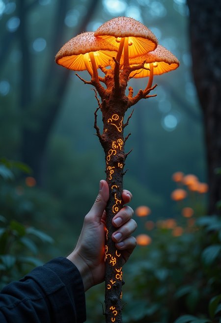 Old national geographic grainy photography, fined grain photo :
Render an image of a staff made from an ancient, gnarled tree branch, its surface covered in glowing, rune-like patterns that pulse with magical energy. The top of the staff is adorned with a cluster of glowing, bioluminescent mushrooms, casting a soft, mystical light. A hand grips the staff, with small, glowing roots wrapping around the fingers as if the staff is alive. The background is blurred into a dark, enchanted forest with hints of glowing plants and softly drifting mist, creating a powerful connection between nature and magic.