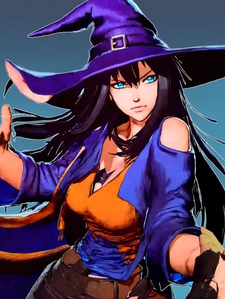 crosstoon style, cel shading, ((crosshatch)), anime,portrait of a witch, black hair, blue eyes,  simple background <lora:Garou:0.9>