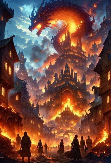 detailed background,(flying dragon burning city night landscape), amongst ruined burning houses. middle age city, fire and smoke, beautiful view, people are hiding, burning giant tree, early morning, sunrise sky, smokes are rising, dappled sunlight, outdoor seating, rock road, castle is destroyed, burning, depth of field, masterpiece, best quality, ultra-detailed, very aesthetic, illustration, perfect composition, intricate details, absurdres, moody lighting, wisps of light, no humans,