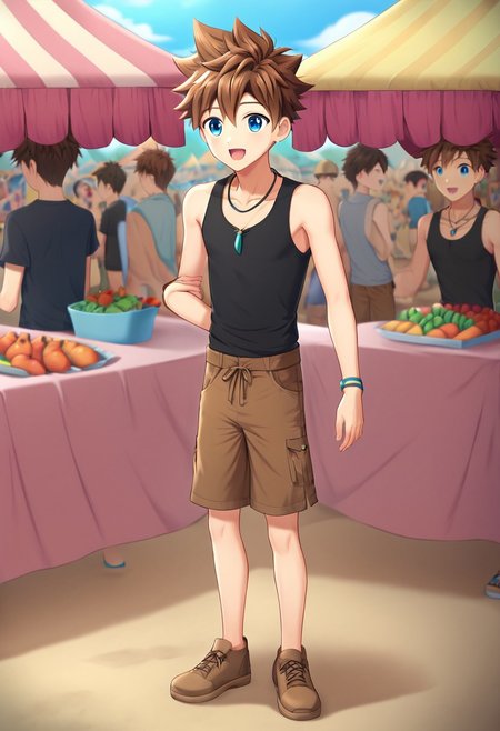 okada_zenya, brown hair, spiky hair, blue eyes, solo focus, 1boy, solo, necklace, hand band, black tank top, brown shorts, full body, outdoor, sunny day, market in the background