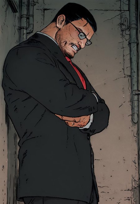 (masterpiece), side view, (ultra-detailed, 8k, gritty cinematic style), mid shot, male pov (best quality), (ultra-detailed), noise effect. chromatic aberration, 
BREAK
1 boy,  black hair, bara, pants facial hair, mustache, short hair, formal, suit, red necktie, collared shirt, glasses, eyes at viewer, bare breasts,no pants, portrait,   standing, arms crossed, alley lit by flickering neon, happy, clenched teeth, frown 
BREAK
urban desire at its peak, 
,