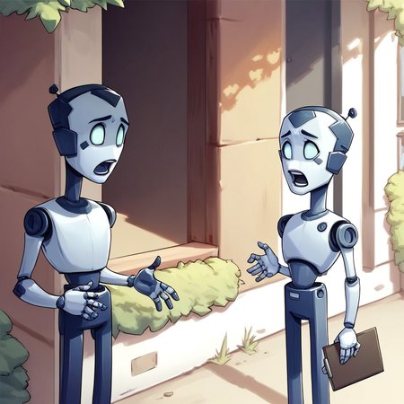 score_8, score_8_up, score_7_up, lo_su_tr, no humans, humanoid robot, standing, open mouth, looking at another, hands up, holding clipboard, hand up, outdoors, corner