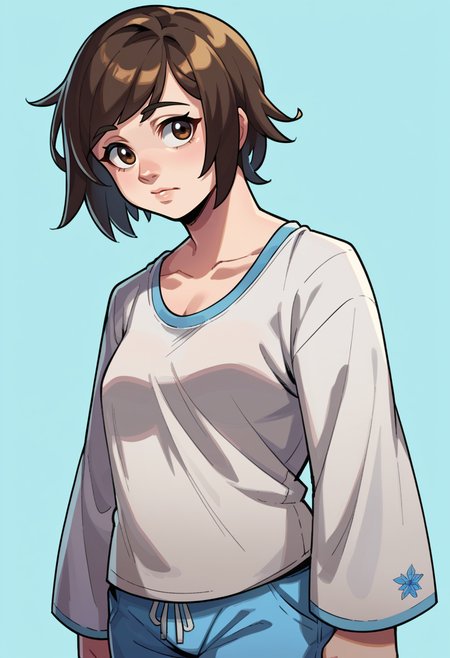 score_9, score_8_up, score_7_up, BREAK <lora:hades-guy-PONYv1:1>, shadow, portrait, blue background, 1girl, solo, mei \(overwatch\), pajamas, oversized shirt, white shirt, blue pants, medium hair, undershirt, tank top, long sleeves,