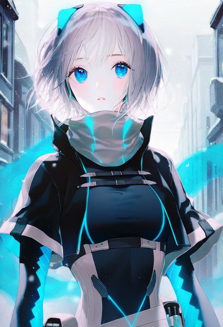 artist:gomzi,artist:wanke,artist:diyokama,
1girl, solo,
icey, blue eyes, grey hair, short hair, fake animal ears,
neon trim, grey scarf, cropped jacket, black jacket, black bodysuit, blue gloves, multiple belts, short shorts, taut clothes,
upper body, snowing, town,
<lora:icey.ilxl:1>