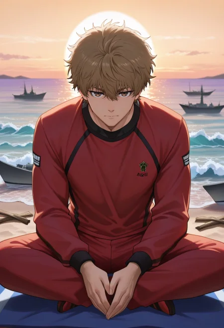 masterpiece, best quality, , (realistic:0.6), , 1boy, solo, male focus, <lora:asahi_naruhaya_ilxl:0.98>, asahi_naruhaya, brown hair, brown eyes, short hair, hair between eyes, bangs, sportswear, quiet beach, scattered driftwood, distant ships, soft waves, meditating pose, serene expression, golden horizon, tracksuit,