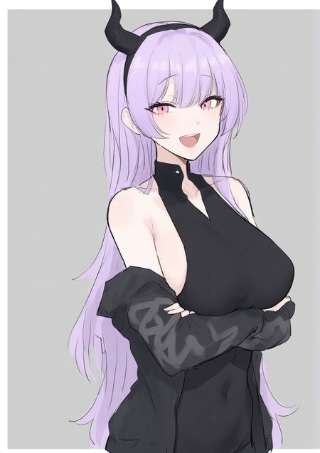 1girl,:d, bare shoulders, black hairband, black horns, black shirt, border, breasts, collarbone, covered navel, crossed arms, fake horns, grey background, hairband, horns, jacket, large breasts, long hair, long sleeves, looking at viewer, off shoulder, open clothes, open jacket, open mouth, outside border, pink eyes, purple hair, raised eyebrows, shirt, sidelocks, sleeveless, sleeveless shirt, smile, solo, upper body, white border<lora:kkan_r1:1>