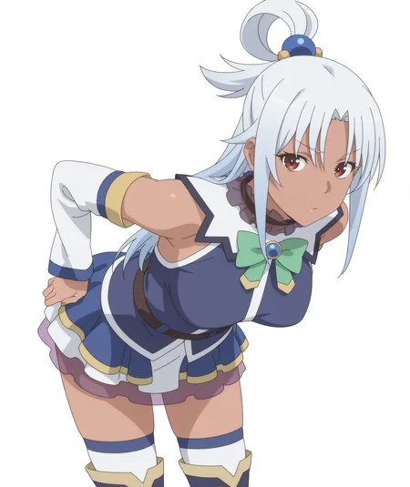 highres, absurdres, hi res, best quality, masterpiece, 2d, intricate details, 4k, anime coloring,
1girl, solo, nose, long hair, red eyes, white hair, grey hair, dark skin, dark-skinned female,
thigh boots, thighhighs, thighhighs under boots, boots, blue footwear, detached sleeves, dress, aqua \(konosuba\) \(cosplay\), 
upper body, leaning forward, 
white background, <lora:Aqua_(Character)_ILXL:1>