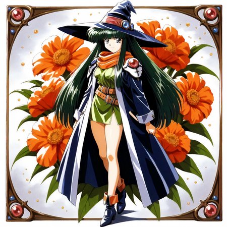<lora:RC_masou_shizukaXLanimagine001>,
masterpiece,high score,great score,absurdres,
flower background,glitter,
smile,
looking at viewer,
solo,
anime coloring,retro artstyle,1990s (style),
masou_shizuka\(rance_series\),1girl,green hair,long hair,black grey eyes,
witch hat,
orange scarf,shoulder pads,blue coat,long_sleeves,green dress,short dress,belt,
bare legs,boots,
(full body:1.2),
standing,