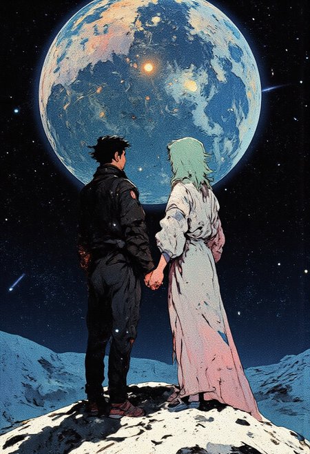 4k quality, (Perfect hand), anime, (masterpiece), (detailed face), detailed
A man with short, spiky black hair with the sides shaved and a woman with light blue, green, and pink hair stand on the surface of the moon facing away from the camera holding hands. They are looking back at earth. Stars and ethereal cosmic light shine in the background. 
The overall mood is surreal, melancholic, and otherworldly, with deep shadows and cool, mysterious cosmic energy.