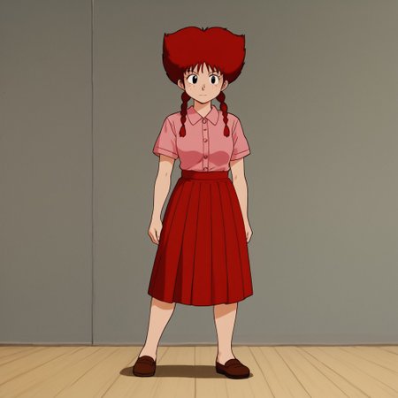 1girl, solo, Tsukune, twin braids, black eyes, red hair, freckles, afro, shirt, skirt, short, sleeves, full body, standing, front view