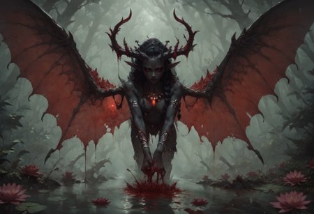 score_9, score_8_up, score_7_up,    blood fairy, glowing lotus, black skin, very beautiful, tiny, covered in blood, gore, horns, tribal, long braid, bones, wings, red theme, lotus, black forest,    <lora:Concept Art Twilight Style SDXL_LoRA_Pony Diffusion V6 XL:0.8> concept art, realistic  <lora:Expressive_H-000001:0.8> expressiveh  <lora:princess_xl_v2:0.8>  <lora:d4rk01lXLP:0.5> d4rk01l