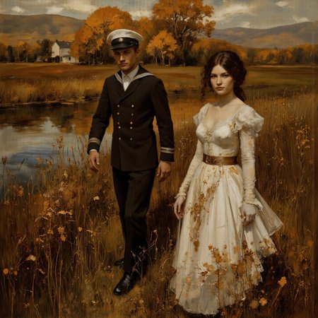 Surrealism realistic photo of intricate illuminated Victorian sailor and Victorian prostitute walking in a summer landscape with river, (copper-tinted:0.5), very detailed, ethereal white and white and bronze palette. The scene is both serene and ominous. <lora:white1:0.4> <lora:AmeshinART_Dream:0.4> <lora:Midjourney_Whisper_AgateX_v1:0.5> <lora:Eldritch_Paint_Sketch_for_Flux_1.0.5:0.6>