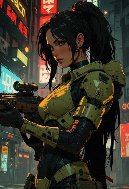 magnificent, closeup portrait, female bounty hunter, braided black hair, futuristic armor, halo spartan, spartan armor, sexy, curvy, large breasts, large ass, aiming a sniper rifle, sniper rifle, aiming rifle, holstered pistol, Cyberpunk City, Neon Lights, foreshortening,
solo, 
Cowboy Shot, close up, from above,