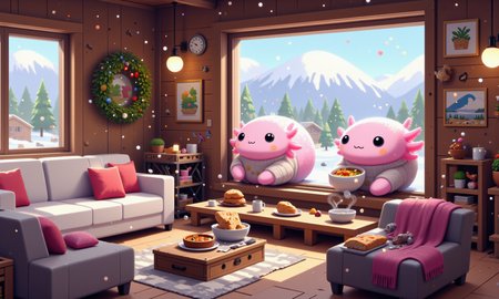 digital illustration in a vibrant, cartoon style, featuring (SUBJECT), axolotl, image of tiny cute anthropomorphized axolotls with pink frilly gills and round black eyes,  close-up of a pink axolotl curled up by a frosty window in a cozy mountain lodge, dressed in a fluffy sweater and holding a small steaming bowl of stew; its round black eyes reflect the snow-covered peaks outside, and its frilly gills are tucked close for warmth; on the table beside it are a mini slice of sourdough bread and a small candle casting a warm glow; tilt-shift effect blurs the background of thick log walls, hanging lanterns, and plush blankets, capturing the comforting solitude of a winter retreat<lora:Axomodel_Flux_V2.safetensors:1.0:1.0> <lora:Katamari_Damacy_Style_FLUXCaption-000015.safetensors:1:1>