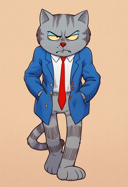 score_9, 1boy, furry, feline, fritz the cat, gray fur, blue suit, white collared shirt, red tie, hands in pockets, annoyed face, walking, front view, pattern background