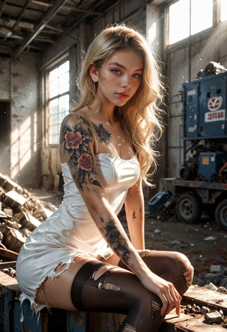 score_9, score_8_up, score_7_up, realistic,photorealistic, 1girl, beautiful young Russian female, blonde hair, blue eyes, standing in an abandoned industrial warehouse, looking at viewer, wearing a sexy white tight dress, torn black stockings, sitting on a rusted metal beam, one leg bent, the other extended, body slightly leaning forward, hand resting on thigh, body covered in dirt and bruises, intricate tattoos on her arms and shoulders, broken windows casting dim light on her skin, scattered debris and machinery around, post-apocalyptic atmosphere, ultra-realistic style, highly detailed textures, natural lighting, soft shadows, highlights, seductive pose, confident expression, <lora:Dramatic Lighting Slider:2>,  <lora:t4tsXLP:1>