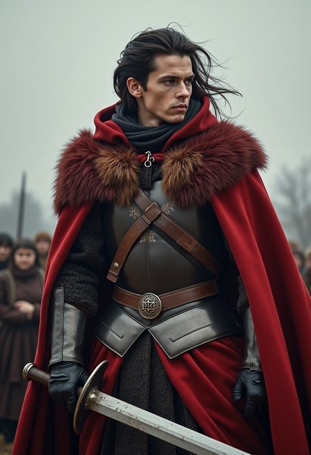 He was cloaked and booted as if for a journey on horseback; and although his garments were rich and handsome, they were stained with long travel. His dark hair was shorn about his shoulders,  he was clad in a coat of mail, and girt with a great long-sword, and he looked at them as if to challenge them to strike. He seemed older and more kingly, yet more like a soldier than before.
His hood was cast back, and his dark hair was blowing in the wind, a light was in his eyes: a king returning from exile to his own land.