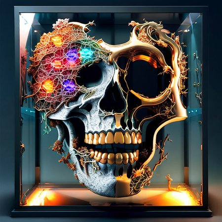 a skull made of metal in HeartArt style, micro-details, super detailed,  photorealism, photorealistic, kc32, photorealistic skull made of metal in HeartArt style, very detailed, scifi case, kc32, skull made of metal in HeartArt style, very detailed, scifi transparent case, kc32, ((art by midjourney-1000)), ((HeartArt)) inside kc32,
, highly detailed, d & d, fantasy, portrait, highly detailed, headshot, digital painting, trending on artstation, concept art, sharp focus, illustration, art by artgerm and greg rutkowski and magali villeneuve