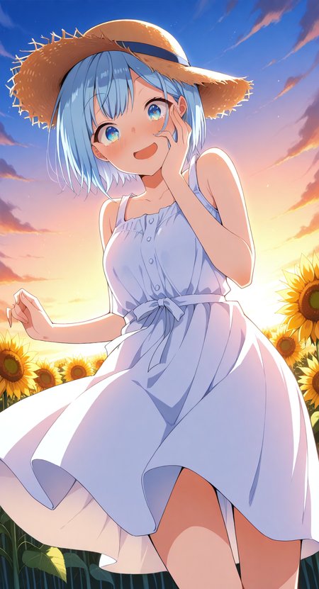 masterpiece, cute, lovely, (best quality:1.3), (amazing quality:1.3), high gradient eyes, very aesthetic, (1girl), (solo), flushed, (Aya_Style), close mouth, smile, Himari_Inuzuka, blue eyes, light blue hair, short hair, excited, BREAK, sunflower field. sunflower plantation, sunset, smile, BREAK, summer dress, summer hat, white dress, straw hat, sunset, cowboy shot, view from below, wind_lift, dynamic angle,  (surprise, surprised face, one hand on face, take by surprise, pretending to be surprised), expressions surprise