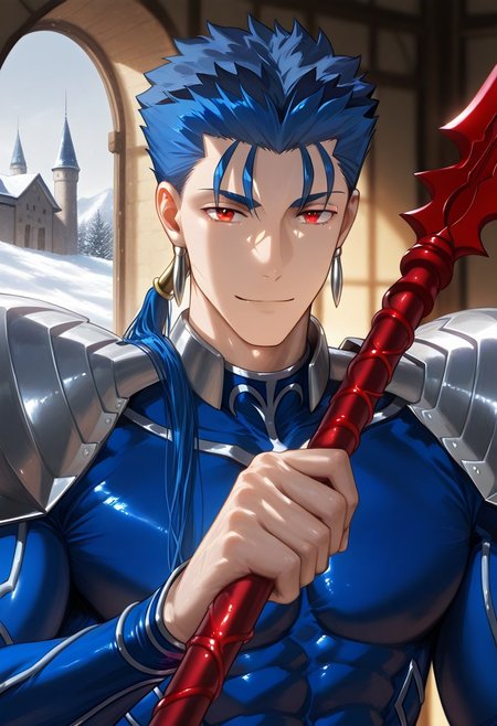 //General, masterpiece,best quality,amazing quality, source_anime, intricately detailed illustration, very aesthetic, absurdres, newest, anime coloring, subsurface scattering, , natural lighting, Expressiveh, detailed skin, shiny skin,aesthetics light, depth of field, vibrant colors,
//Fashion, black shirt, long sleeves, 
//Background, castle interior, indoors, snow background outside the window, 
//Others, 1boy, male focus, solo male, manly body, 
//Action, looking at viewer,  light smile, close up, upper body,
BREAK,
lancer_fsn, cu chulainn \(fate\), blue hair, red eyes, long hair, ponytail, spiked hair fate/stay night earrings, jewelry armor, shoulder armor, pauldrons weapon, polearm, spear, holding, holding weapon, holding polearm