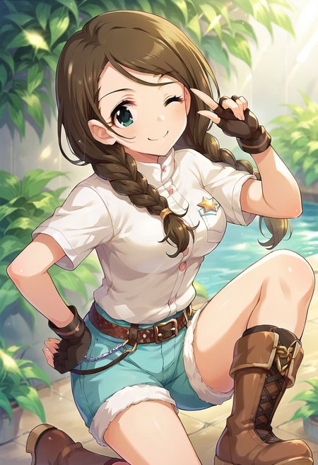 score_9, score_8_up, score_7_up, source_anime,akanishi erika, long hair, brown hair, twin braids, green eyes, 1girl, solo, shorts, boots, one eye closed, braid, gloves, fingerless gloves, hand on hip, smile