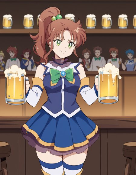score_9, score_8_up, score_7_up, source_anime, <lora:makoto-kino-eternal-movie1-ponyxl-lora-nochekaiser_r1:1>, makoto kino, brown hair, circlet, green eyes, hair bobbles, hair ornament, medium hair, ponytail, sidelocks, parted bangs,, <lora:aqua-cosplay-ponyxl-lora-nochekaiser:1>, aqua cosplay, aqua (konosuba) (cosplay), skirt, shirt, thighhighs, bare shoulders, detached sleeves, white thighhighs, blue skirt, blue shirt, green bow,, bar, beer, beer mug, thumbs up, smile, smug, holding beer mug,,