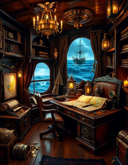 <lora:Captain_c4b1n:1>,Captain c4b1n
A richly detailed pirate captain's cabin aboard an 18th-century wooden ship. The room is dimly lit by flickering candlelight and a hanging oil lantern, casting warm golden glows on the dark oak walls. An ornate wooden desk sits at the center, covered with ancient, weathered maps, a golden compass, and scattered quills with ink bottles. A large, curved window at the back reveals the vast ocean under a moody, cloudy sky, with faint moonlight seeping in.
To the right, a massive wooden bookshelf filled with leather-bound books, nautical charts, and mysterious artifacts, some covered in dust. On the left, a polished mahogany chest with intricate carvings, partially open, revealing gold coins and shimmering gemstones. A grand captain's chair, upholstered in deep red velvet, sits behind the desk, exuding authority and power.
The wooden floor is rugged and slightly uneven, adorned with an old tattered rug. A cutlass and a flintlock pistol rest casually on the desk, while a pirate hat with a large feather hangs on the wall beside a mounted shipâs wheel. The atmosphere is both eerie and majestic, evoking the spirit of adventure and the mysteries of the sea.
<lora:SDXLFaeTastic2400:0.4> <lora:extremely_detailed:0.4> extremely detailed, Masterpiece,best quality,hi res,8k,hi res,8k,award winning,(sharp focus, intricate, highly detailed),