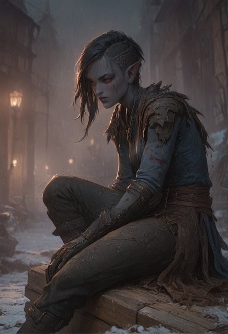(absurdres, best quality, masterpiece:1.4), score_9, score_8_up, score_7_up, score_6_up, detailed, detailed body, detailed face, fantasy, <lora:add-detail-xl:1.5>, 
fFaceDetail, SkinDetail, alone, (female, ashen grey skin, medium breasts, (red sclera eye, red sclera eye style, red eyes, no pupils, no sclera), thin black eyebrows, pointy ears, long ears, (black hair, sidecut hair), athletic build, slim, pointed chin, gaunt cheeks), neutral look,
(torn dark blue robe, leather gloves, leather shoulder pads, leather boots, leather trousers),
outdoors, village, snow, sitting on log, trees