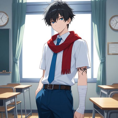 score_9, score_8_up, score_7_up, score_6_up, highly detailed, masterpiece, best quality, detailed, intricate details, amazing quality, best aesthetic, absurdres, source_anime, male focus, 1boy, red scarf, school uniform, blue necktie, blue pants, white shirt, bandaged arm, black hair, blue eyes, male focus, tattoo, short hair, Classroom, blackboard, desk, chair, window, curtain, clock, masterpiece, best quality, ultra-detailed, illustration, an extremely delicate and beautiful, beautiful detailed eyes,unity 8k wallpaper, high resolution, anime CG, official_art,
