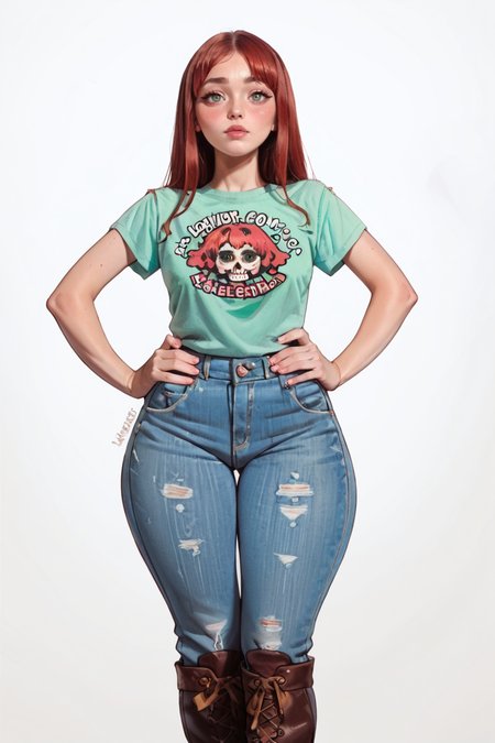 <lora:RealMix20:1>, score_9, score_8_up, score_7_up, score_6_up, score_5_up, rating_questionable, source cartoon
1girl, pretty face, pretty eyes, detailed eyes, HD eyes, thick thighs
hands on hips, standing, cowboy shot
looking at viewer, blush, eyebrows, long hair, red hair, green eyes jeans, green t-shirt, boots, high waisted jeans
simple background, white background