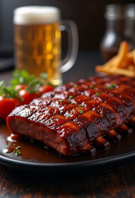 Illustrate a succulent rack of ribs on a black fancy plate. Slightly steaming. Extremely juicy looking. Glazed with a reflective sauce. A mug of cold beer on the side. 4k, masterpiece.